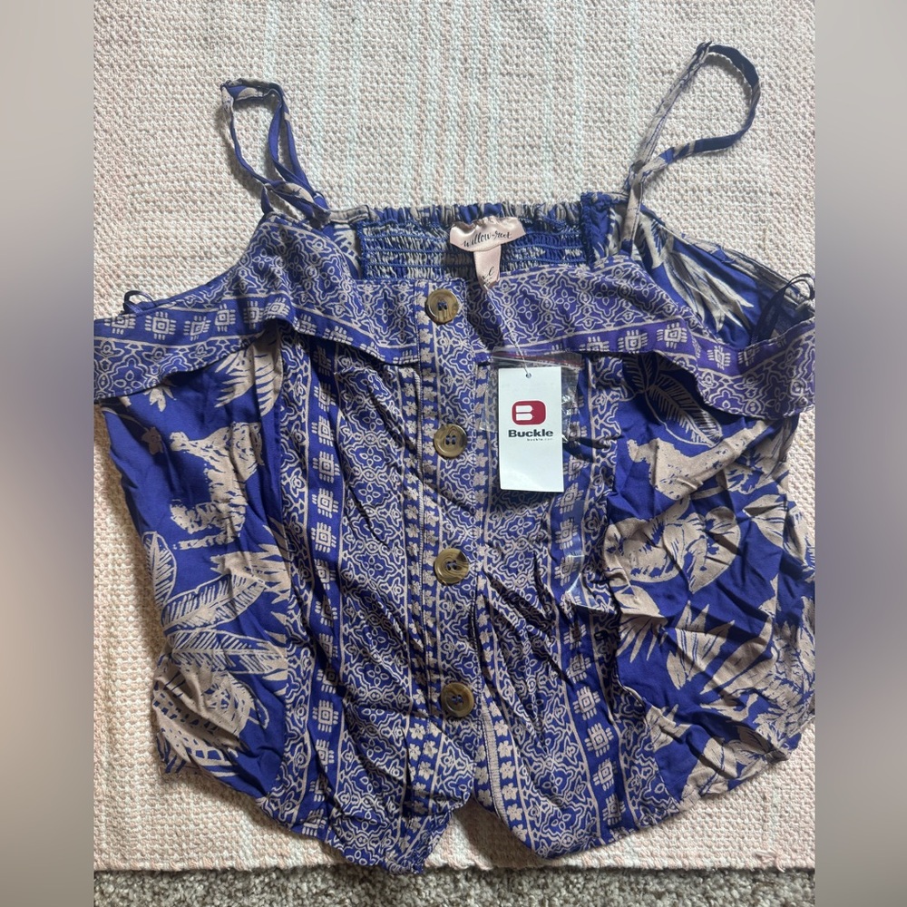 Buckle Blue and White Smocked Flutter Sleeve Blouse